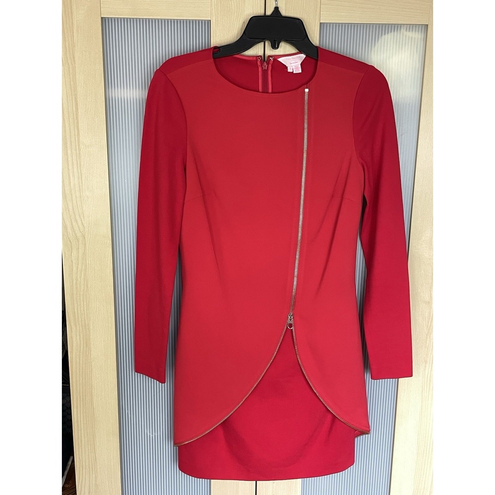 Ted Baker Edlyn Zip Dress Red Sz 4 Long Sleeve Ponte Knit‎ Stretch Party Office